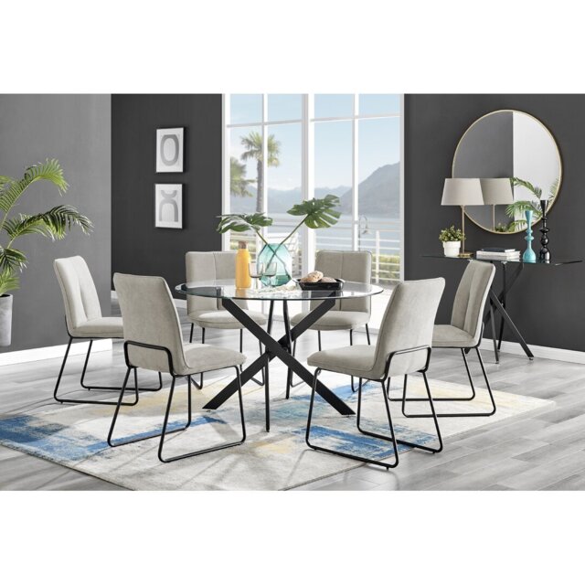 Tierra Modern Glass & Metal Round Dining Table Set & 6 Luxury Fabric Dining Chairs