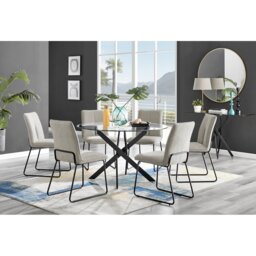 Tierra Modern Glass & Metal Round Dining Table Set & 6 Luxury Fabric Dining Chairs