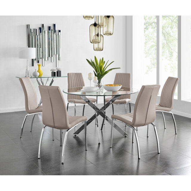 Tierra Modern Chrome Metal & Glass Round Dining Table Set with 6 Soft Touch Faux Leather Chairs