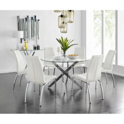 Tierra Modern Chrome Metal & Glass Round Dining Table Set with 6 Soft Touch Faux Leather Chairs