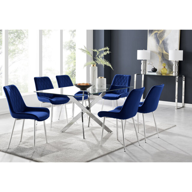 Lenworth Glass Rectangular Dining Table Set with 6 Luxury Velvet Chairs