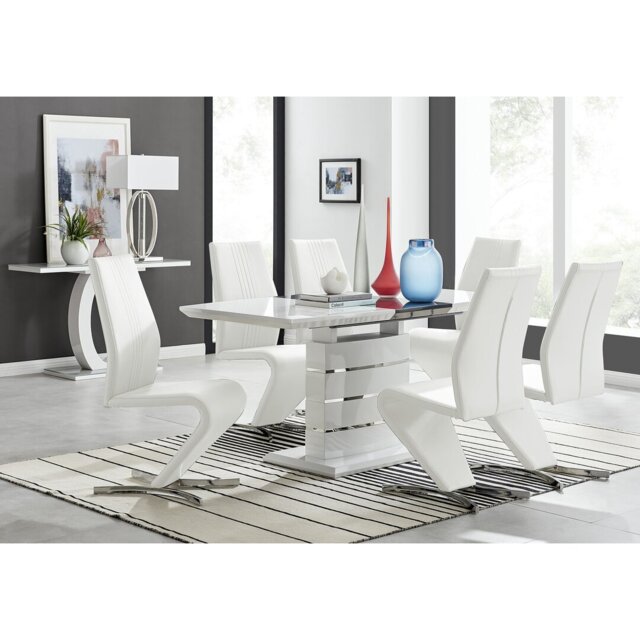 Renne Modern High Gloss Extendable Dining Table Set With 6 Modern Design Faux Leather Dining Chairs