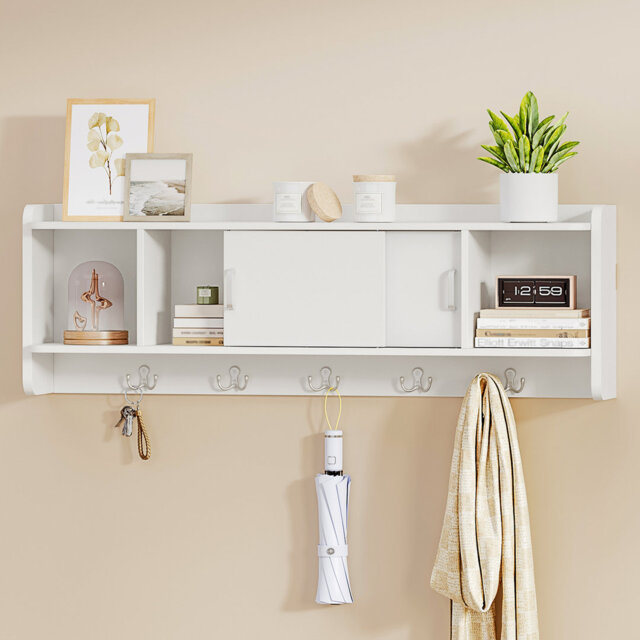 Coat Hooks Wall Mounted, Coat Rack with Shelf, 4 Storage Compartment, 5 Hooks, Multifunctional Wall Rack with Sliding Door for Hallway, Bedroom, Livin