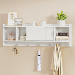 Coat Hooks Wall Mounted, Coat Rack with Shelf, 4 Storage Compartment, 5 Hooks, Multifunctional Wall Rack with Sliding Door for Hallway, Bedroom, Livin