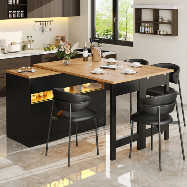 360°Swivel Extendable Bar Table 120-180 cm with LED Lighting & Storage, Modern Kitchen Island Table for Living Room Office
