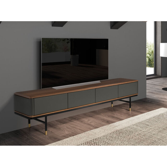 TV stand in matt dark grey wood, black steel and walnut top