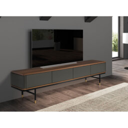 TV stand in matt dark grey wood, black steel and walnut top
