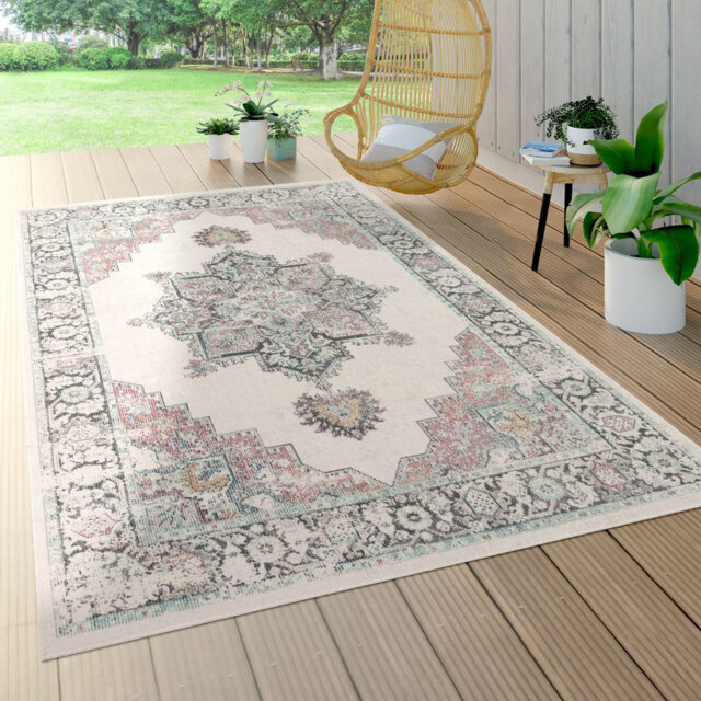 Ludgera Terrace Short Pile Oriental Design Power Loom Cream/Grey/Blue Indoor/Outdoor Rug