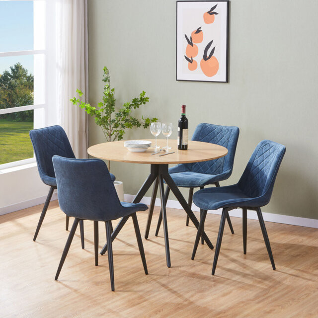 Aspen 5-Piece Casual Dining Set - Large Round Table with 4 Upholstered Diamond Stitch Fabric Chairs