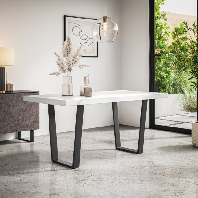 Dayatra Dining Table Modern Marble Effect Table Top w Black Legs