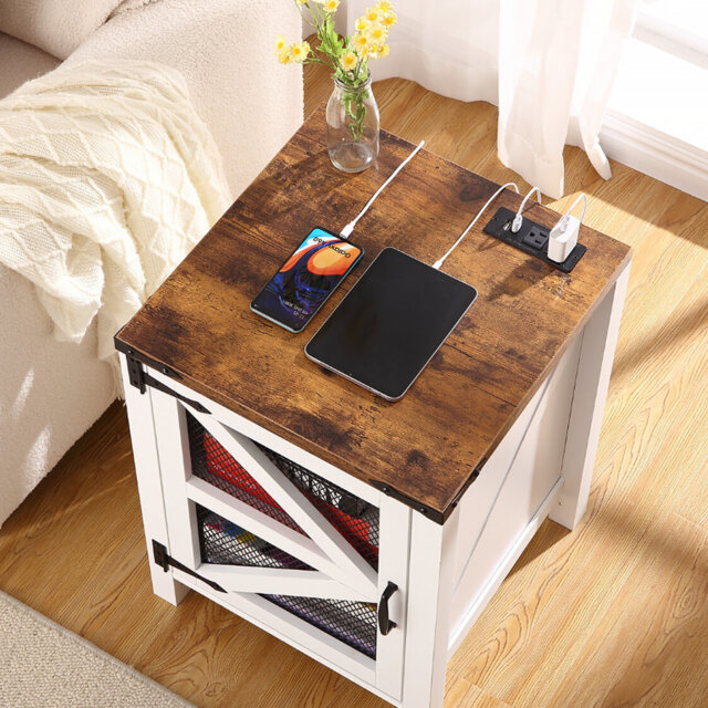 Farmhouse End Table with Charging Station, Mesh Barn Door, Magnetic Door, Adjustable Storage Shelf, Nightstand Square End Tables, Rustic Wood Sofa Sid