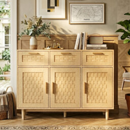 108cm 3-Door Faux Rattan Sideboard, Japandi PVC Woven Storage Cabinet with 3 Drawers & Metal Handles,  Oak / Black