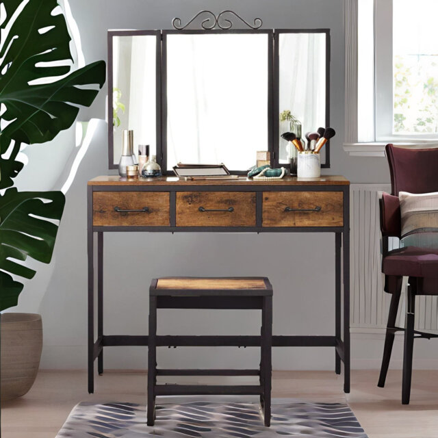 Amaelle Dressing Table with Mirror & Stool Bedroom Industrial Furniture