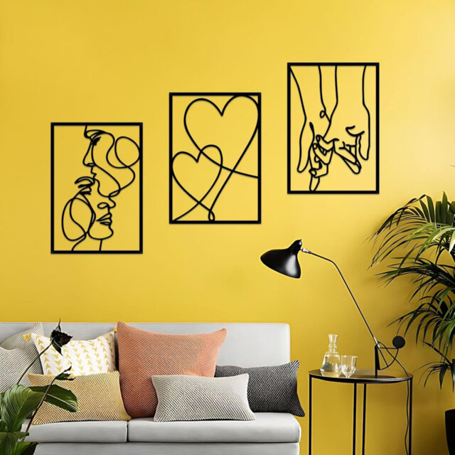 3 Pieces Metal Minimalist Line Wall Art, Valentine's Day Lover Kiss Hand Metal Wall Decor Black