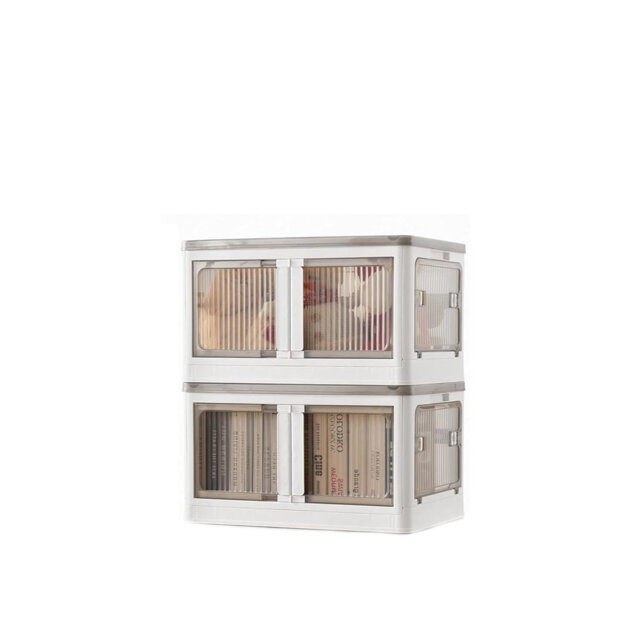 40L White Stackable/Folding Plastic Storage Box with 5 Doors on Wheels - 2 Pack