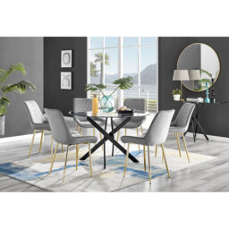 Tierra Modern Chrome Metal & Glass Round Dining Table Set with 6 Luxury Faux Leather Chairs