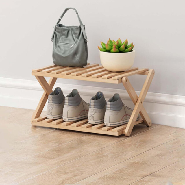2 Tier Bamboo Shoe Rack, Portable Folding Shoe Storage Rack, Without Installation Small Shoe Rack Perfect for Corridors, Bedrooms and Small Spaces