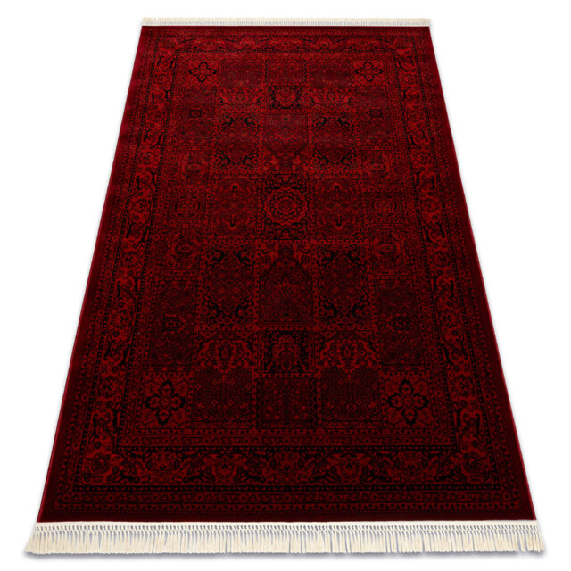 Luca 5365 – Elegant rug with fringes in burgundy & black – Classic Lucaal rug with ornamental & frame pattern