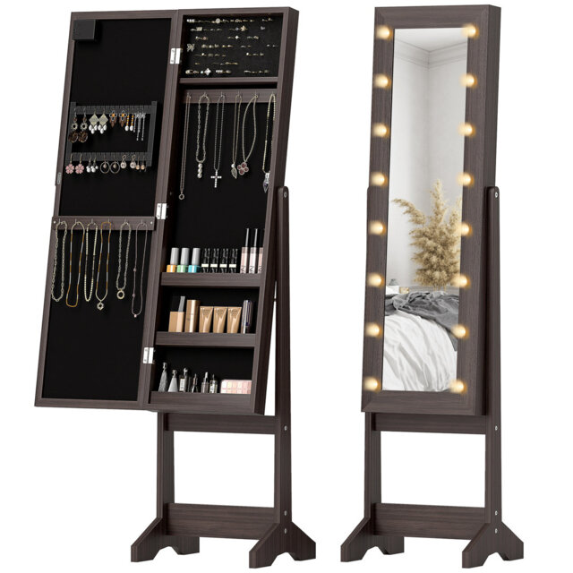 HOMCOM Freestanding Mirror Jewelry Cabinet with LED Lights, Dark Brown