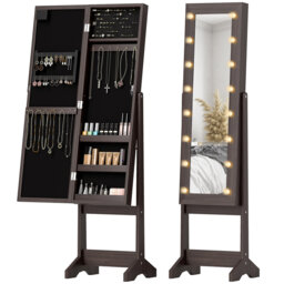 HOMCOM Freestanding Mirror Jewelry Cabinet with LED Lights, Dark Brown