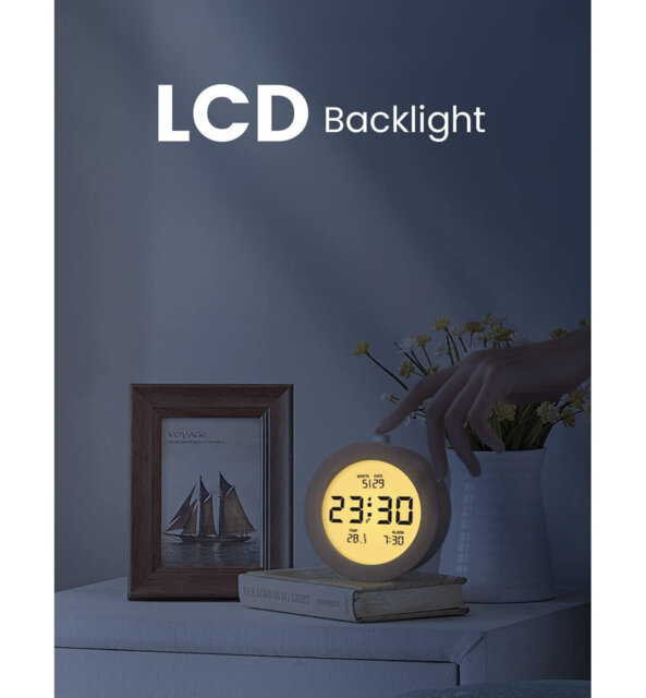 Wooden Round Digital Alarm Clock with Temp/Date Display & Backlight, 3 AAA Battery Operated (Batteries Not Included)