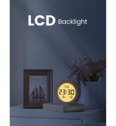 Wooden Round Digital Alarm Clock with Temp/Date Display & Backlight, 3 AAA Battery Operated (Batteries Not Included)