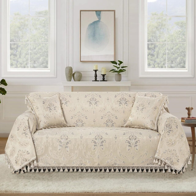 Luxury Sofa Cover For 2 3 Seater, With Tassels 180 X 300Cm, Beige
