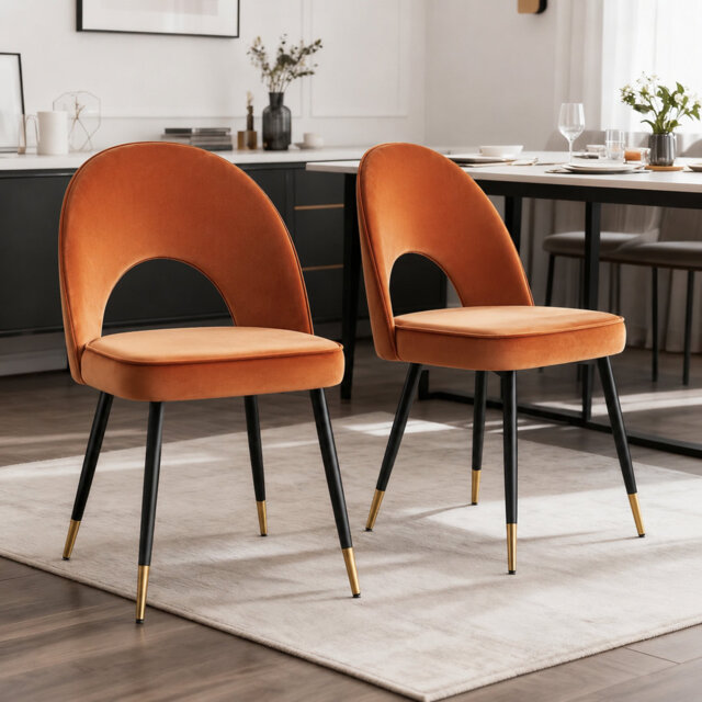 Modern Velvet Dining Chairs Ergonomic Cutout Back with Gold-Tipped Legs, Luxury Upholstered Accent Chairs for Dining/Living Room