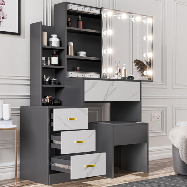 Dressing Table With Mirror And Stool, 4 Drawer 3 Open Storage Shelves And 3 Hidden Shelves With LED Bulbs, Modern Makeup Table For Bedroom & Living Ro