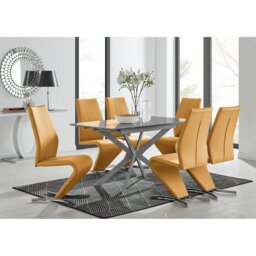 Eubanks Modern High Gloss Extendable Dining Table Set with x6 Luxury Faux Leather Dining Chairs