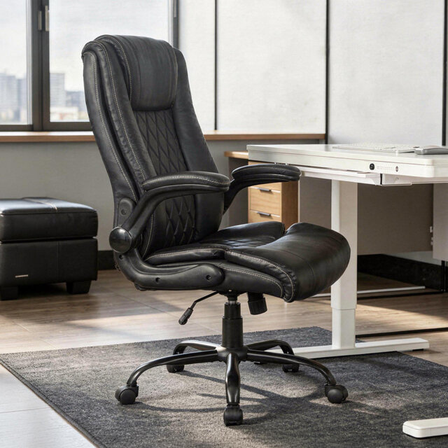 Executive Office Chair PU Leather Reclining Desk Chair Flip-Up Armrests