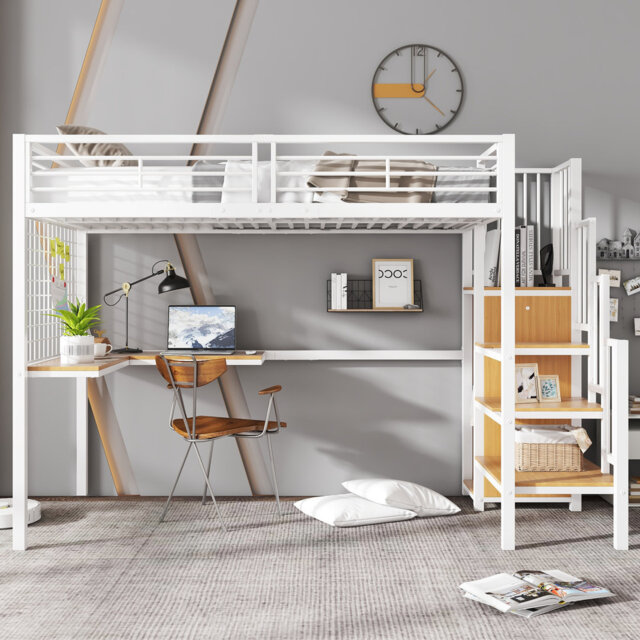 Loft Bed Frame with Storage Included with Built-in Ladder Included with Desk Included