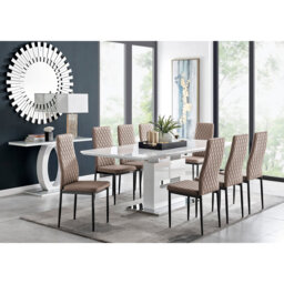 Alezzo Modern High Gloss Extendable Dining Table Set with 8 Quilted Faux Leather Dining Chairs