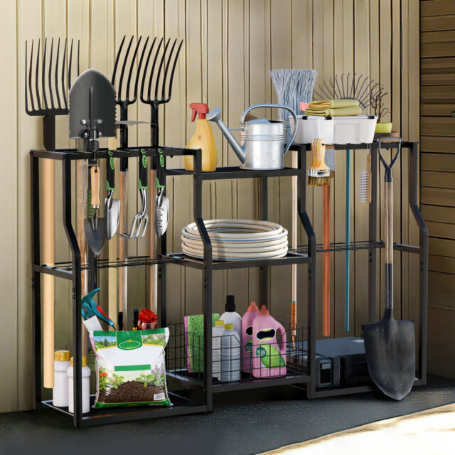 Heavy Duty Freestanding Metal Garden Tool Organizer Rack With Slots & Drill Rack, Garage Workshop Shed Storage Stand