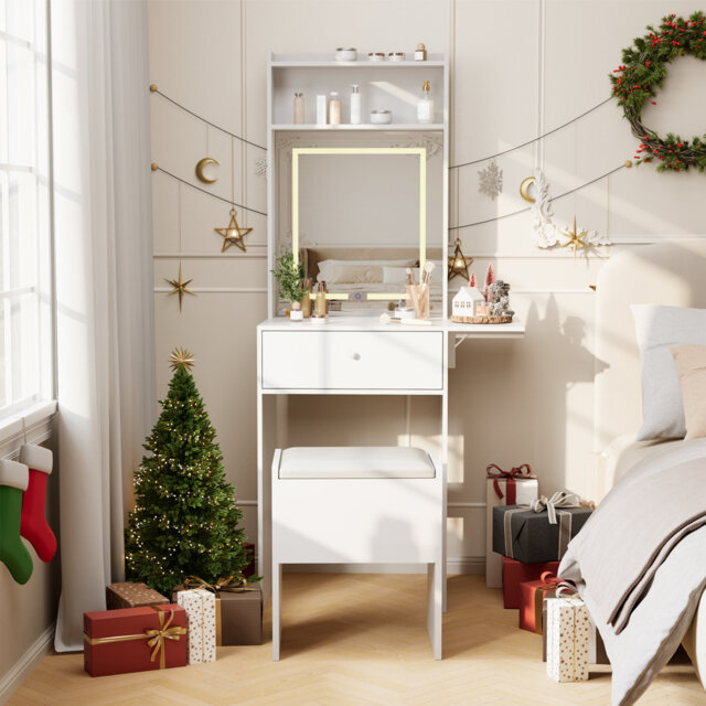 Modern White Vanity Desk with LED Mirror and Power Station – Fold-Up Panel, Storage Stool, and Open Shelves – Compact Bedroom Dressing Table