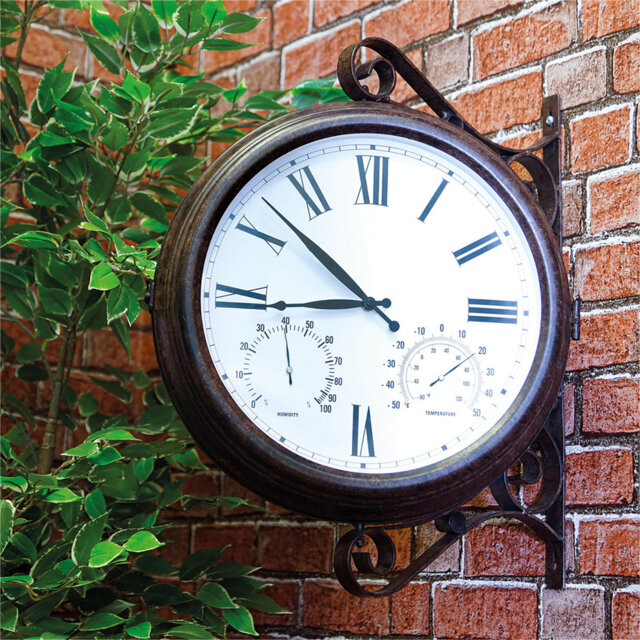 "Double Sided 15"" Outdoor Station Clock with Thermometer Hygrometer"