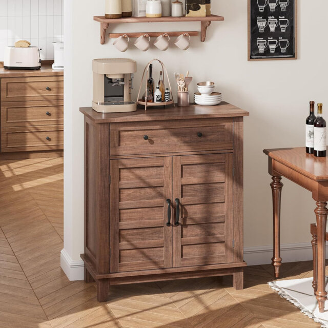 80cm Rustic Storage Cabinet Adjustable 3-Tier, Farmhouse Entryway Organiser with Slatted Doors, Waterproof Design for Kitchen, Dining Room, and Home O