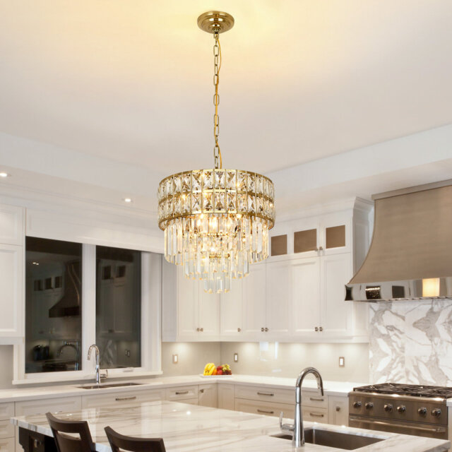 Gold Stainless-steel & K9 Crystal 4-light Chandelier, Height-adjustable, Sloped-ceiling Ready, Bulbs Excluded