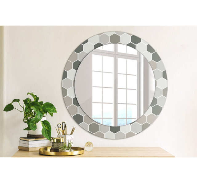 Huldar Round Glass Framed Wall Mounted Accent Mirror in Grey/White