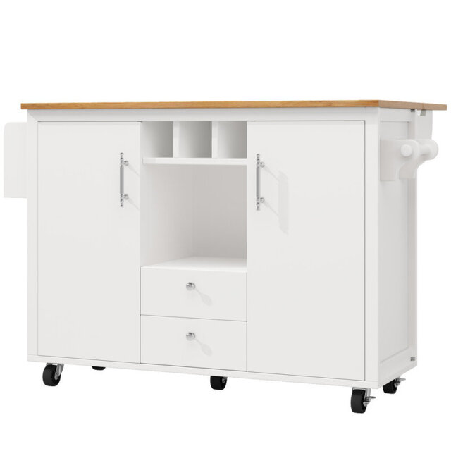 Foldable Top Rolling Kitchen Island Cart with Wine Rack, Towel & Spice Holder, Adjustable Shelves Mobile Buffet Storage Cabinet White