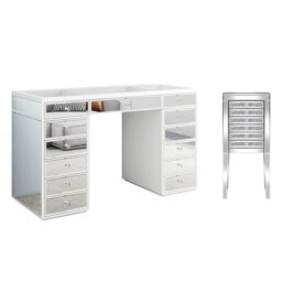 130Cm Mirrored 13-Drawer Glass Top Dressing Table & 50Cm Crushed Diamond 6-Drawer Jewelry Armoire Vanity Set