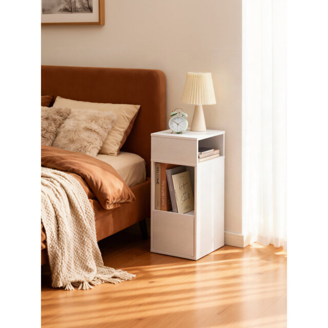 Bedside Table, Superfast Toolless Assembly, Slim Nightstand For Bedroom, Drawer And 2 Open Compartments, White