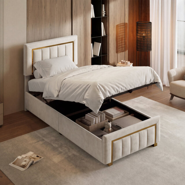 Dekker Luxury Velvet Ottoman Storage Bed with Gold Trim
