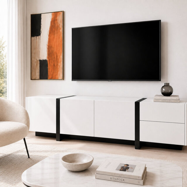 Wetherly Modern White High Gloss TV Stand, Low Wide Media Console For TVs Up To 65 Inch
