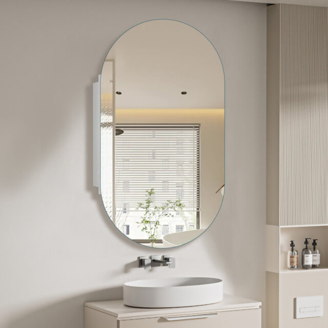 Oval Bathroom Medicine Cabinet with Frameless Mirror, Surface or Recessed Mount Bathroom Cabinets