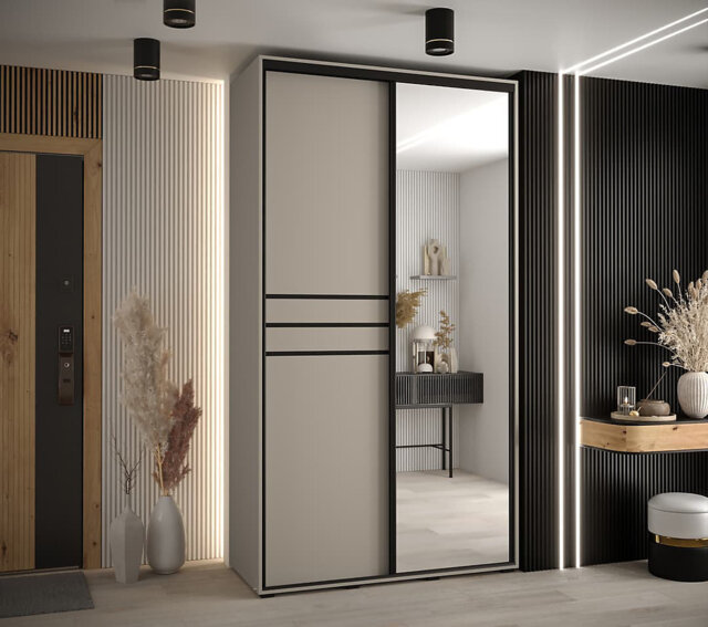 ModernÂ Cashmere & BlackÂ Sliding DoorÂ Wardrobe W140cm - Space-Saving Design with Mirrored Panel