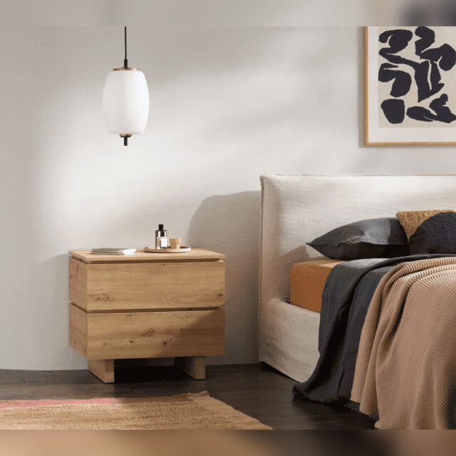 Iba Artisan Oak Effect Modern Nightstand 60cm Wide - Bedside Table With 2 Drawers And Shelf