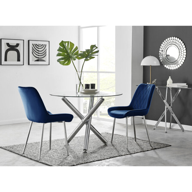 Seline Modern Round Dining Table Set in Glass and Chrome with 2 Luxury Velvet Leather Chairs