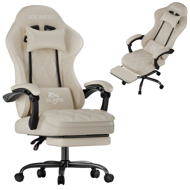 Ergonomic Gaming Chair with Massage Lumbar Pillow & Footrest, Linkage Armrest Reclining Office Chair, Breathable PVC Leather Computer Desk Chair, Mult