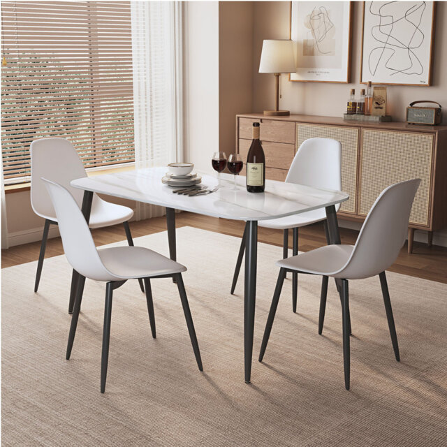 Aspen Gloss White Sintered Stone Rectangular Table and 4 Curve Plastic Chairs - Modern Dining Set
